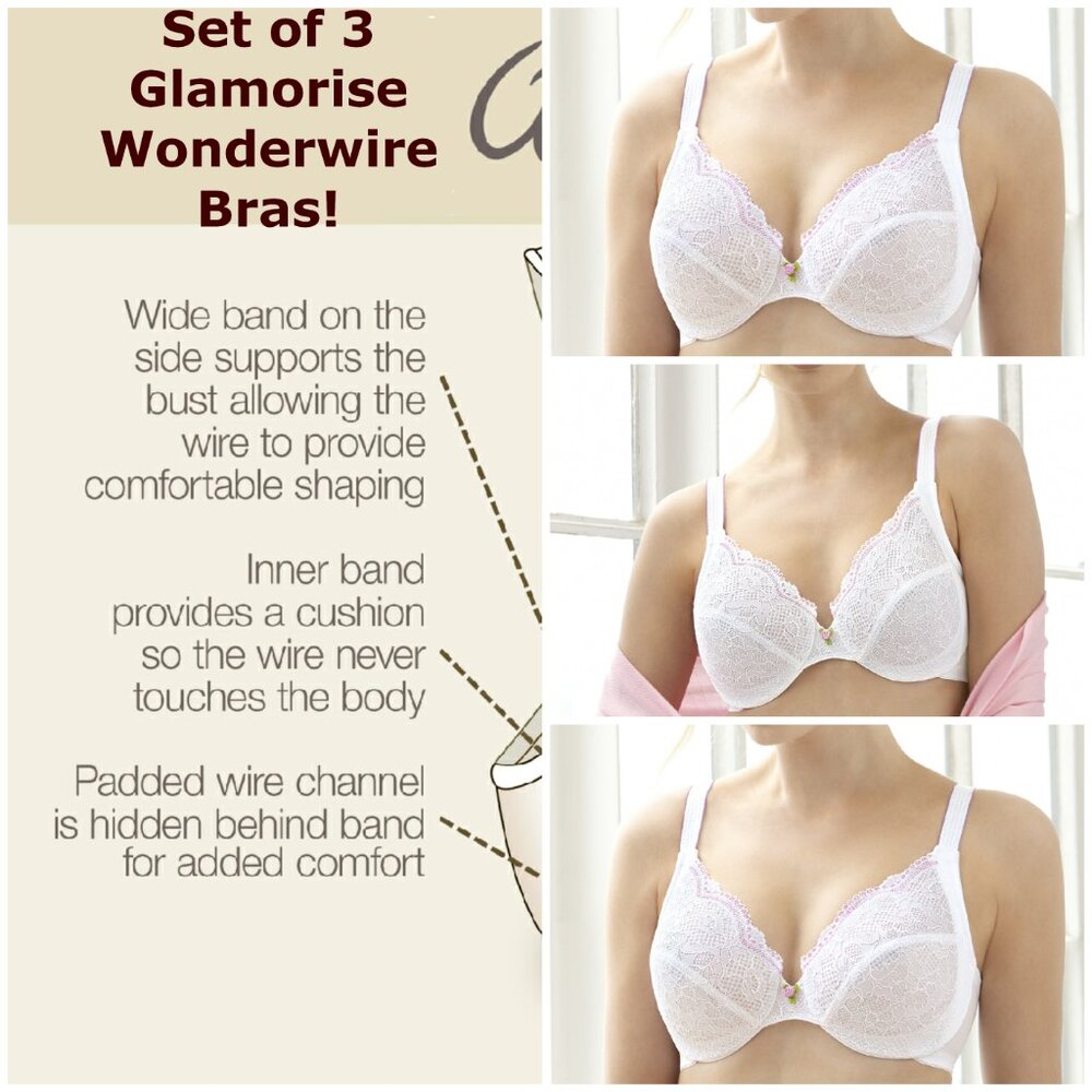 Set of 3! 38C Wonderwire Lace Bra (Side-Smoothing) MAX-COMFORT White NEW